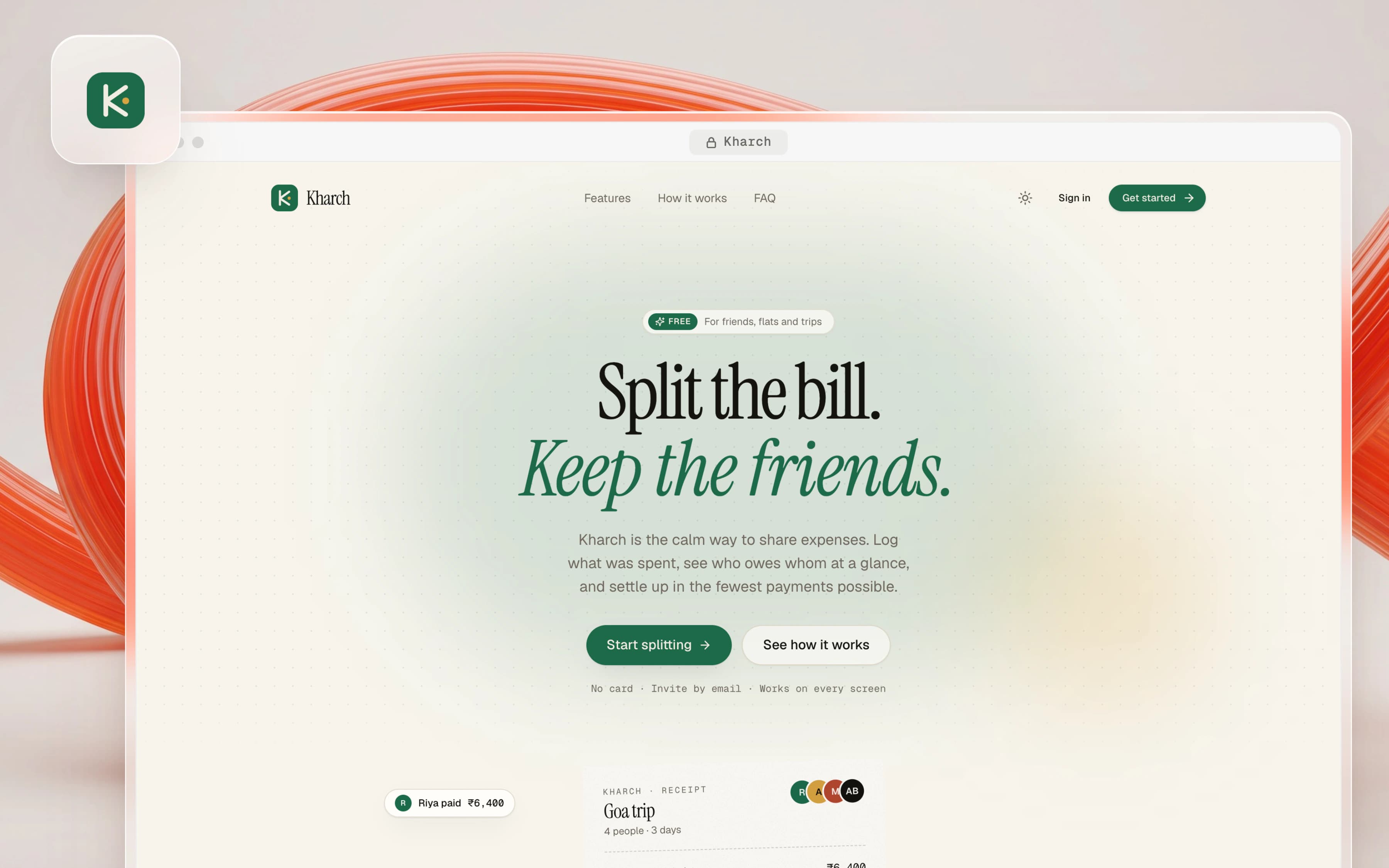 The Kharch home page, from the hero to the footer: split the bill, keep the friends.