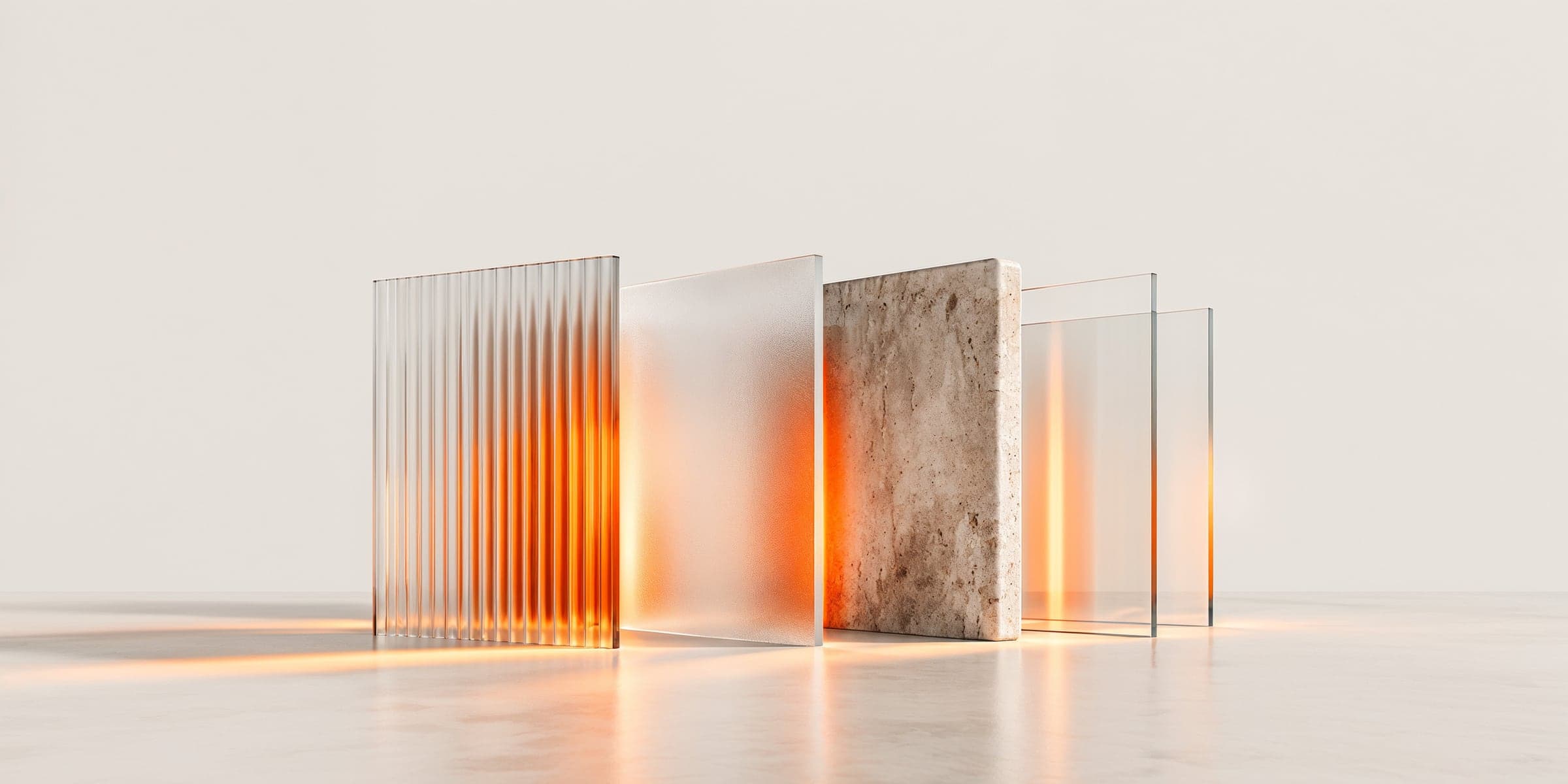 Fluted glass, frosted glass and a slab of travertine standing in a row on an off-white floor, lit from behind by orange light.
